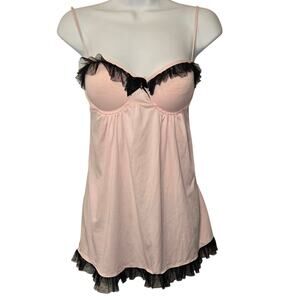 Jessica Simpson 2‎ Piece Baby Doll Chemise Pink Black Lace Medium